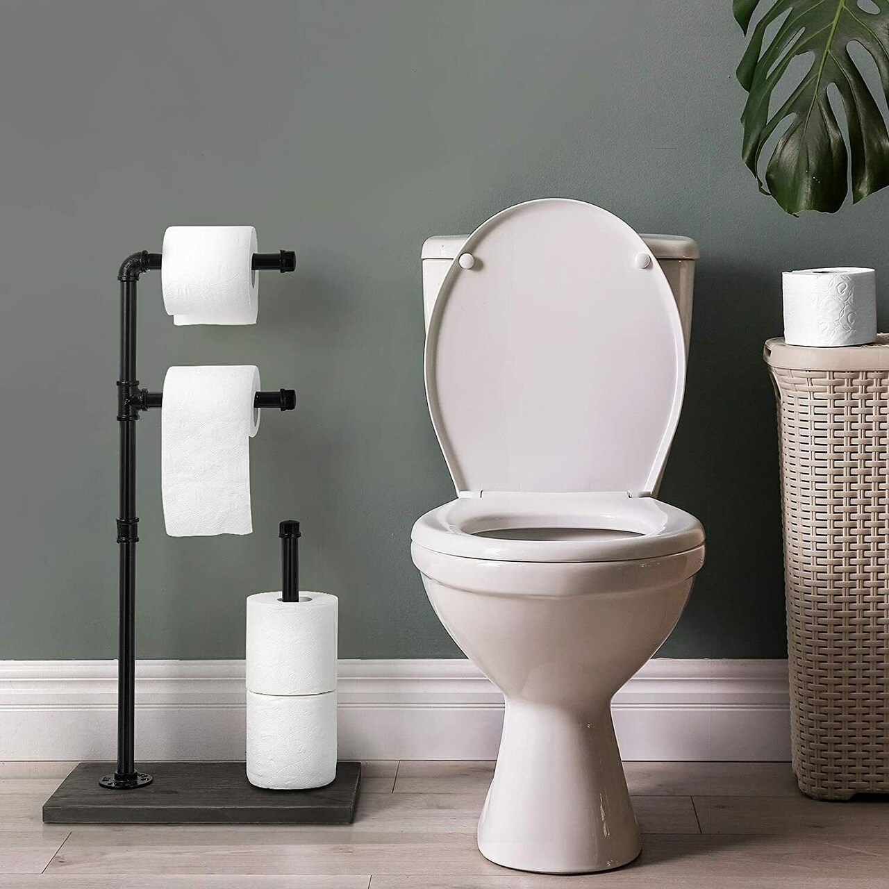 4-Roll Industrial Toilet Paper Holder Stand with Iron Pipe & Wooden Base Rustic Bathroom Organizer for 5 Rolls, Farmhouse Decor, Easy No-Drill Installation